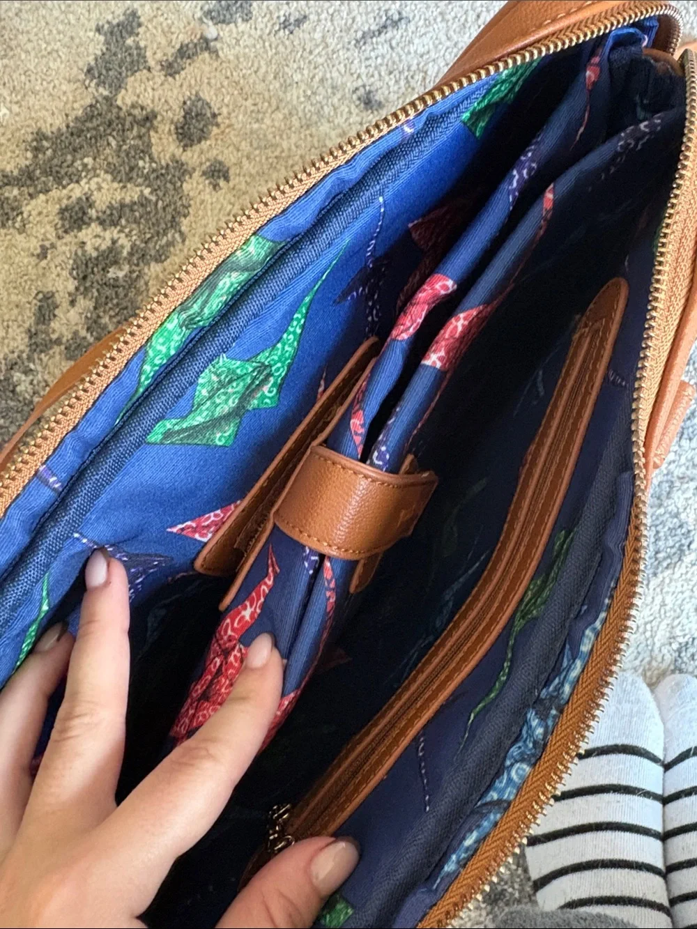 Desigual White Laptop Bag with Multicolor Brushstroke Design and Brown Trim